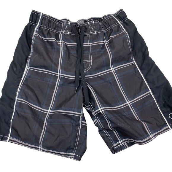 Op Mens Board Shorts Size M (32-34) Black Plaid Polyester Blend Op Logo - Picture 1 of 6